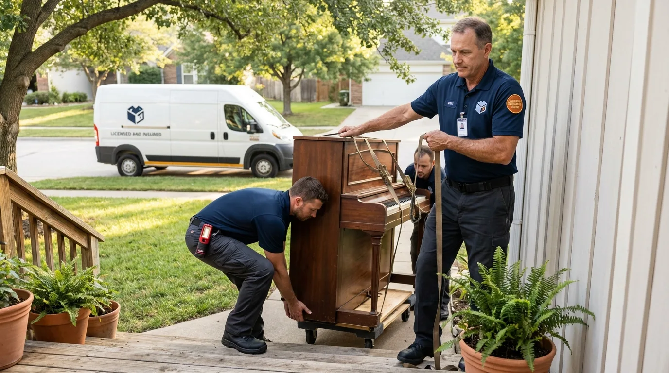 Licensed piano movers securing grand piano in Woodstock, AL