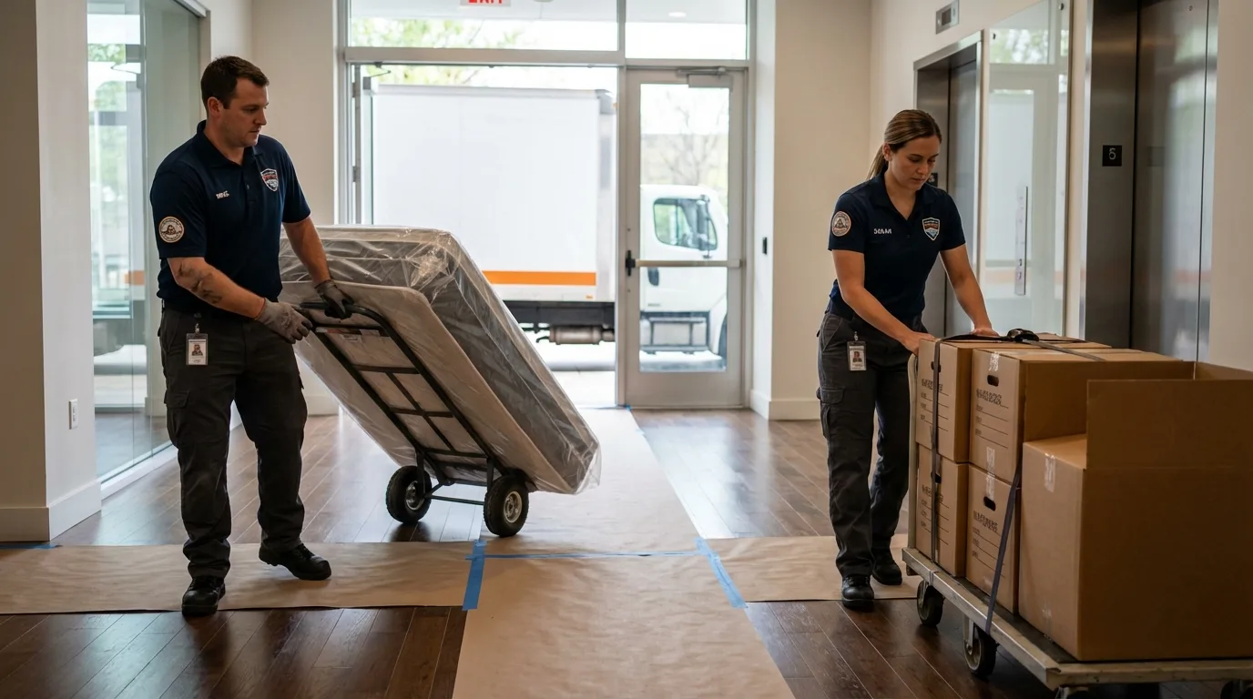 Professional apartment movers loading elevator in Woodstock, AL